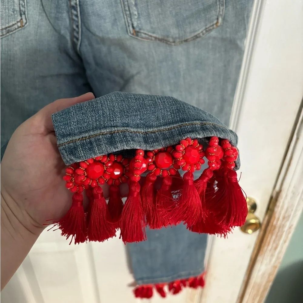Anthropologie Pilcro Mid Rise Slim Boyfriend Tassel Jeans